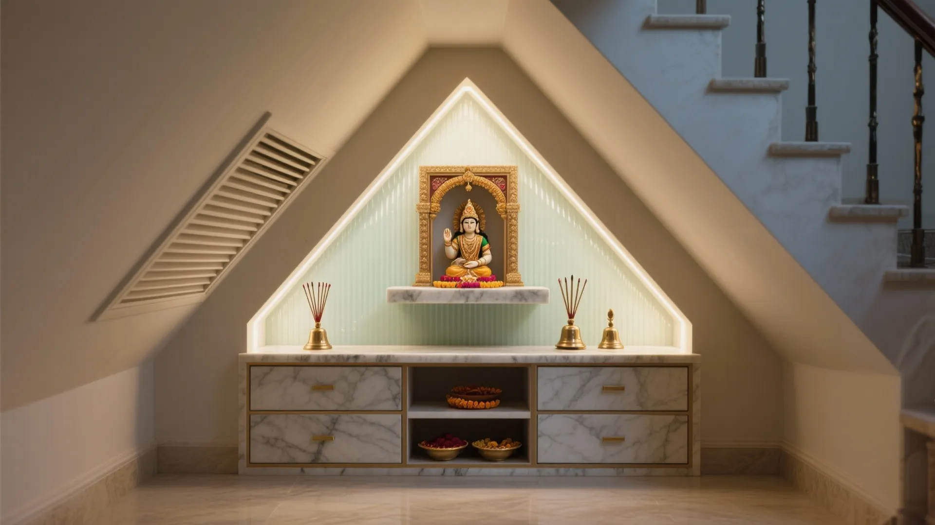 Under-Stair Pooja Niche with Modular Drawers