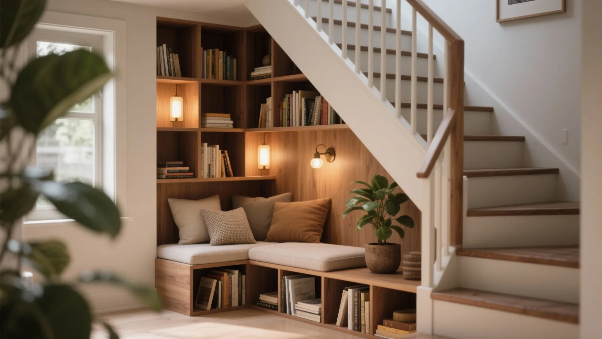 Cozy reading corner under stairs with wooden bookshelves wall lights soft cushions and a small plant
