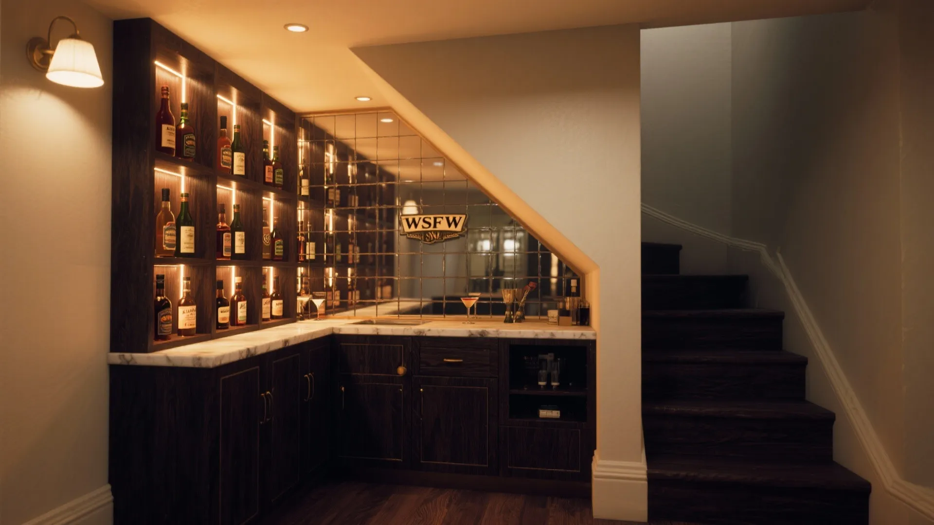 Dark wood home bar built under stairs with wine bottles shelves mirrors and warm lighting