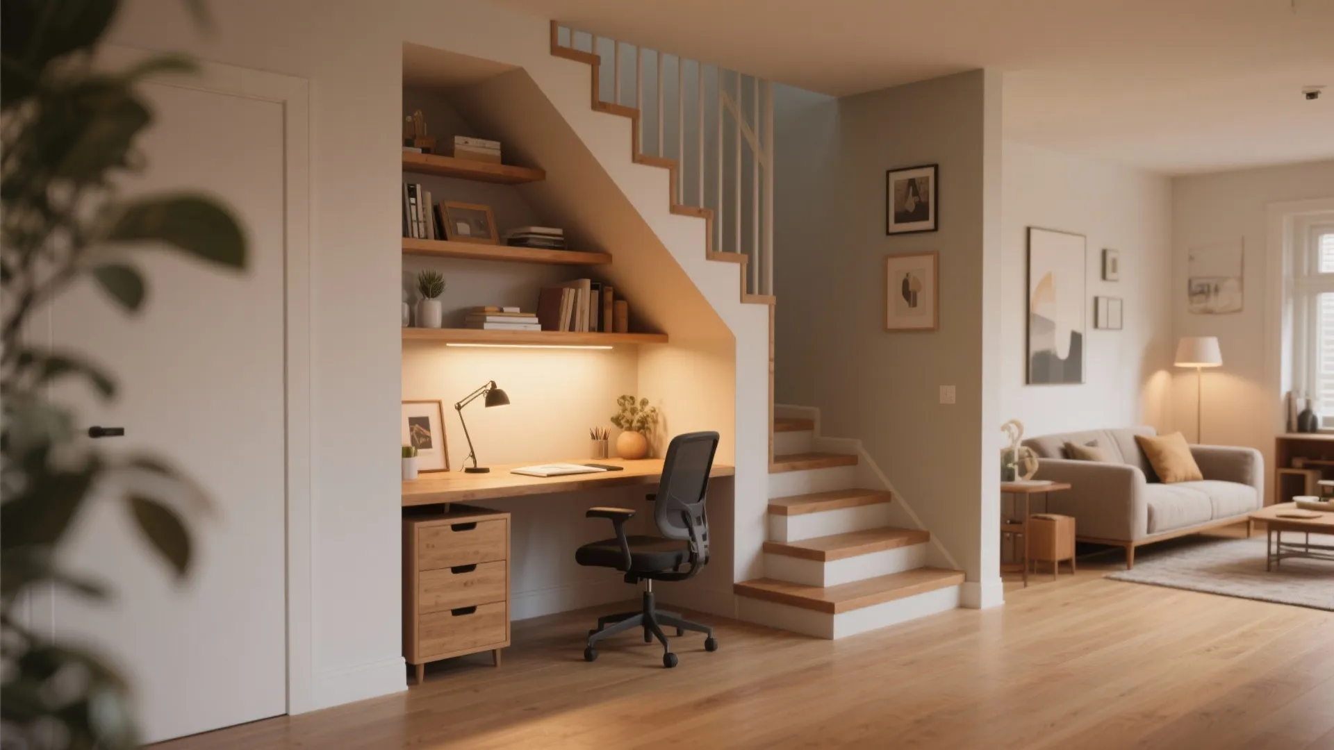 Small home office built under stairs with wooden desk black chair cabinet and warm lighting