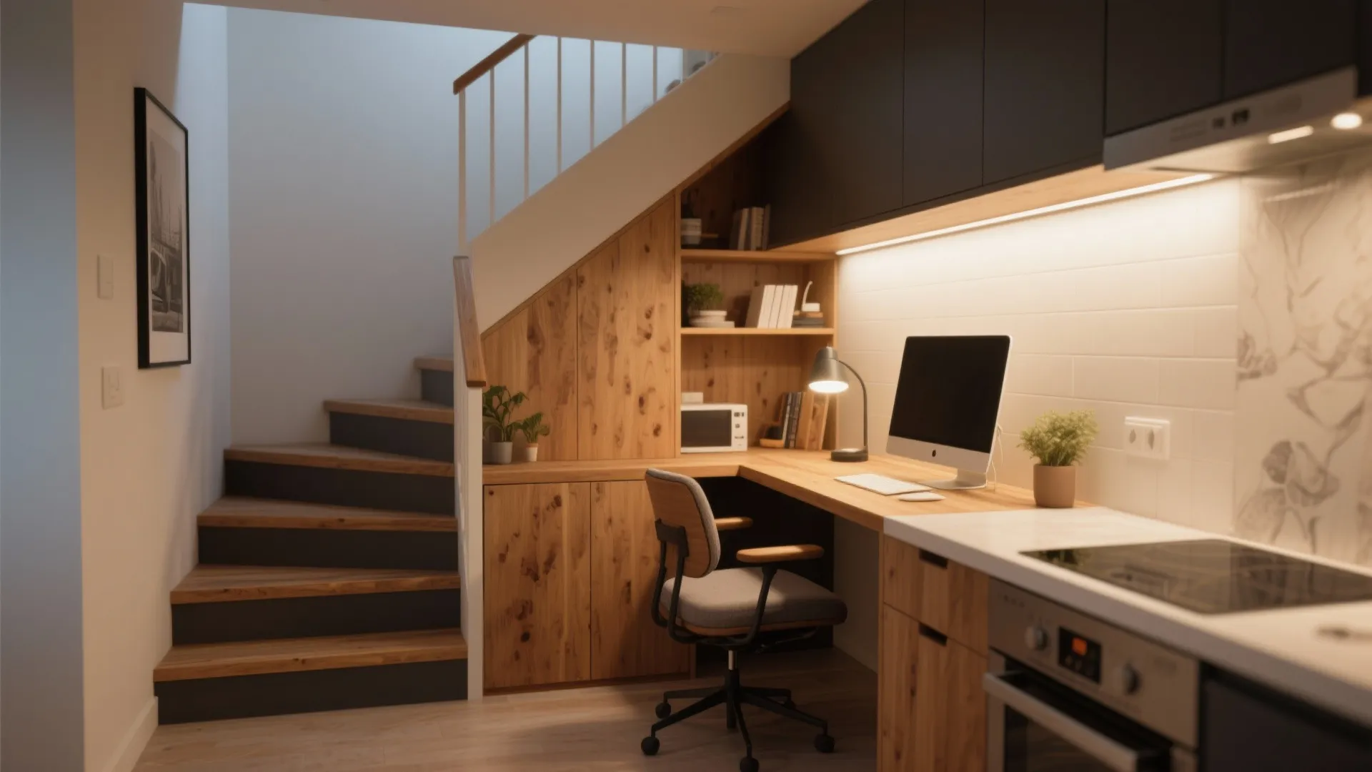 Under-stair space turned into a compact kitchen office