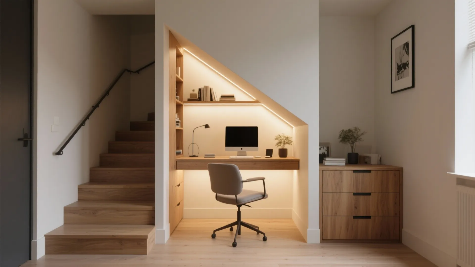 A compact home office built neatly under a staircase with LED lighting