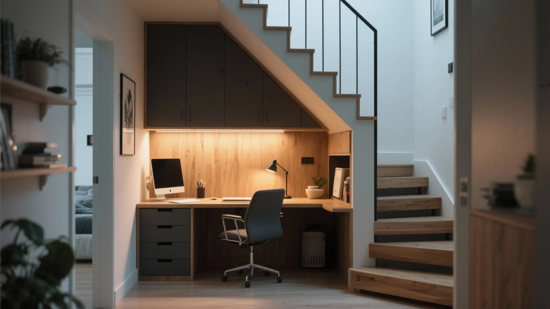 Modern home office built under a wooden staircase with desk chair computer and storage cabinet