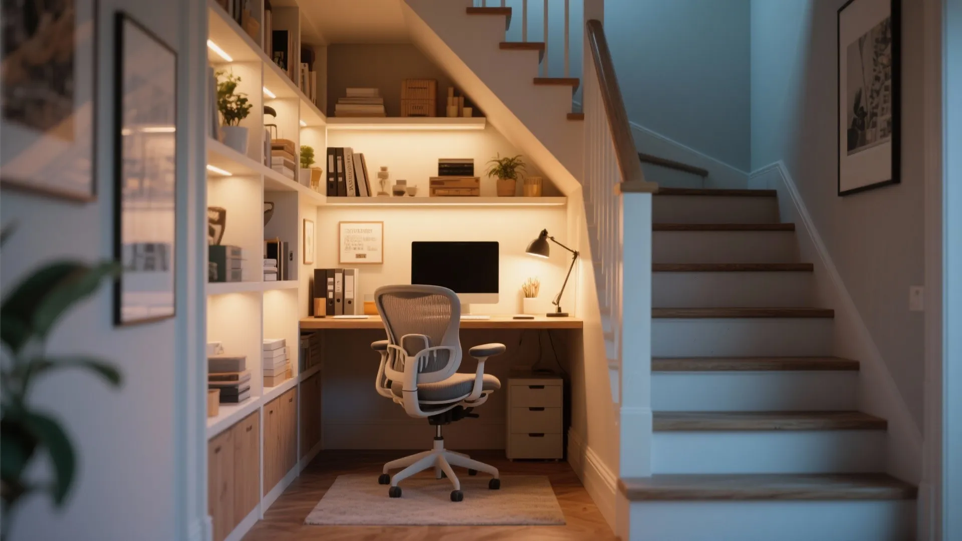 Small home office under stairs with white bookshelf, desk, computer, grey chair, and warm lighting