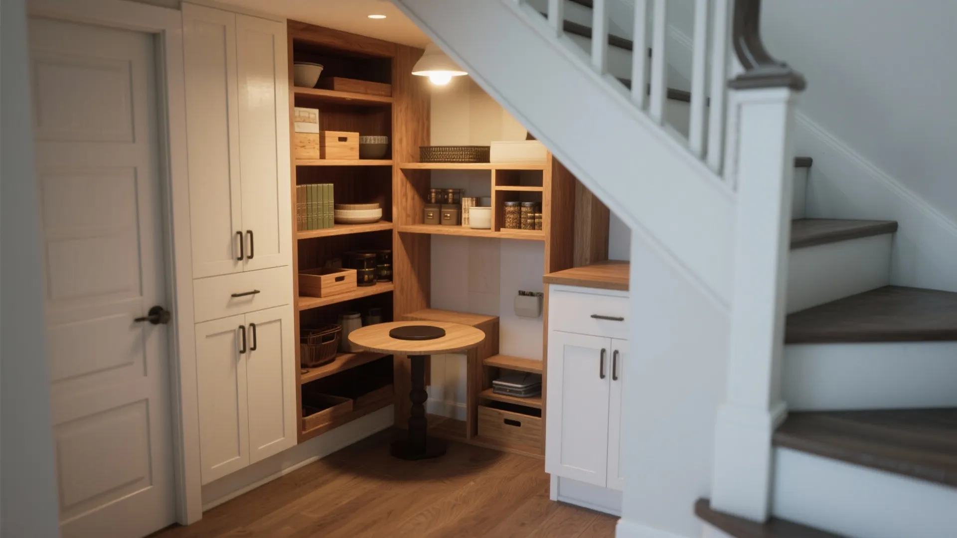 Under-stair storage area featuring wooden shelves, small round table, white cabinets, and a bright ceiling light