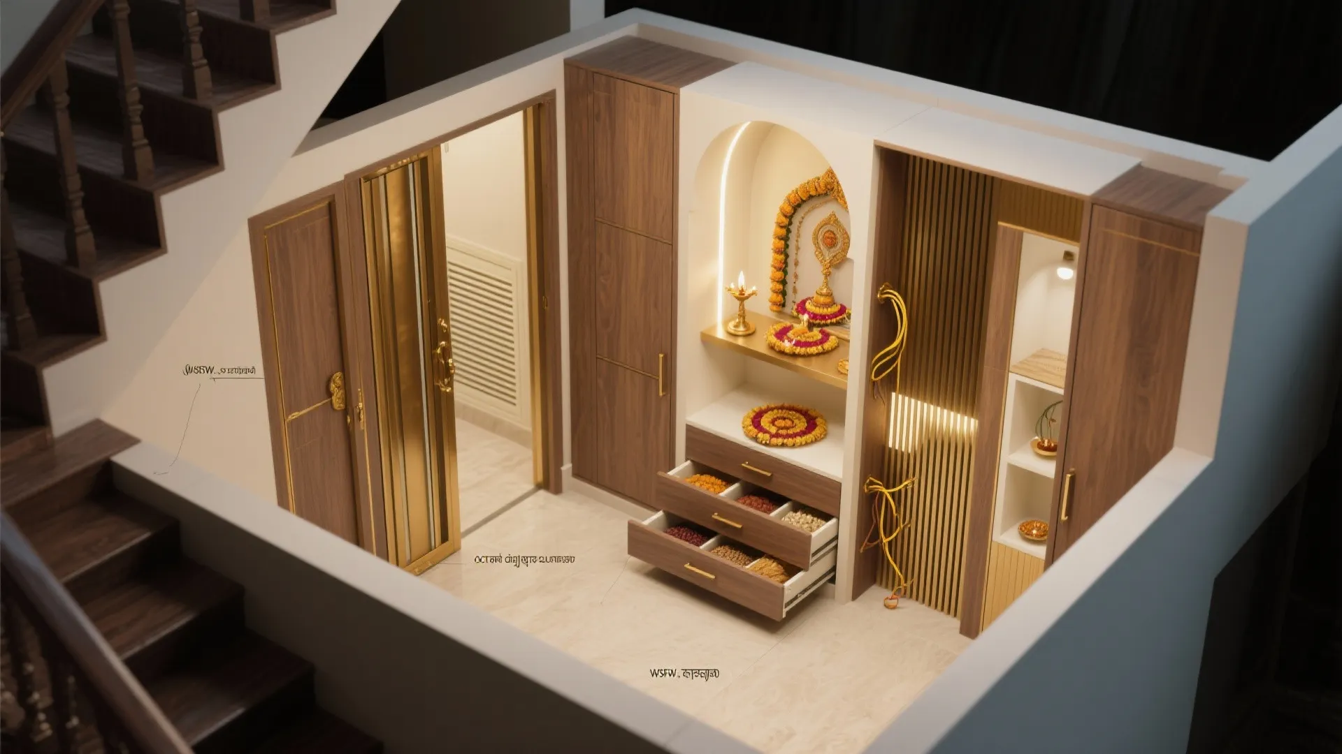 Under-stair pooja cabinet with sliding doors