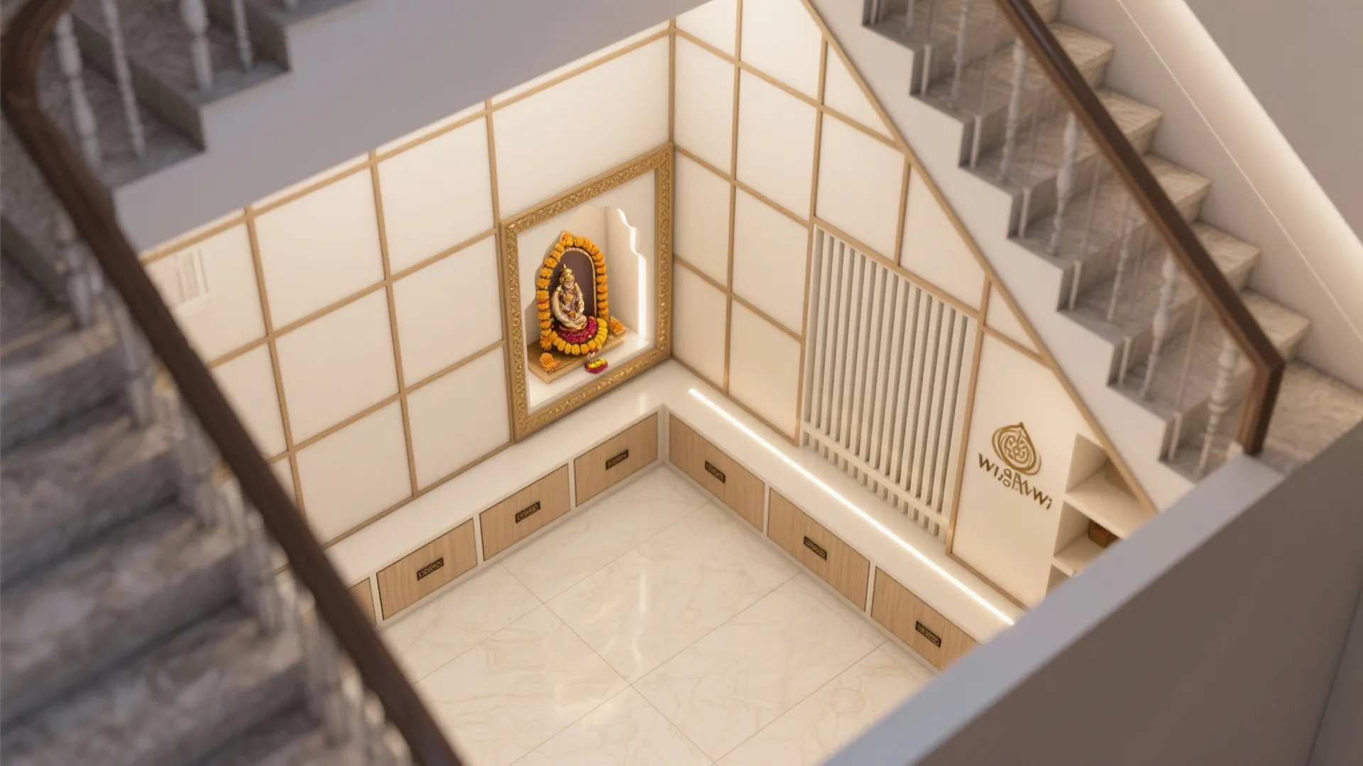 Under-Stair Pooja Niche with Modular Drawers