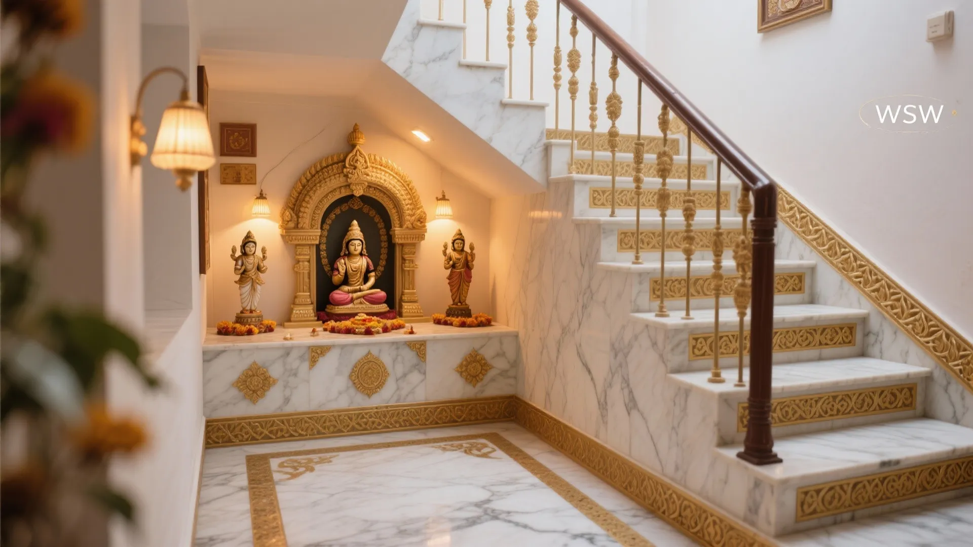 Prayer area under marble staircase with gold wall lights and three statues in a home