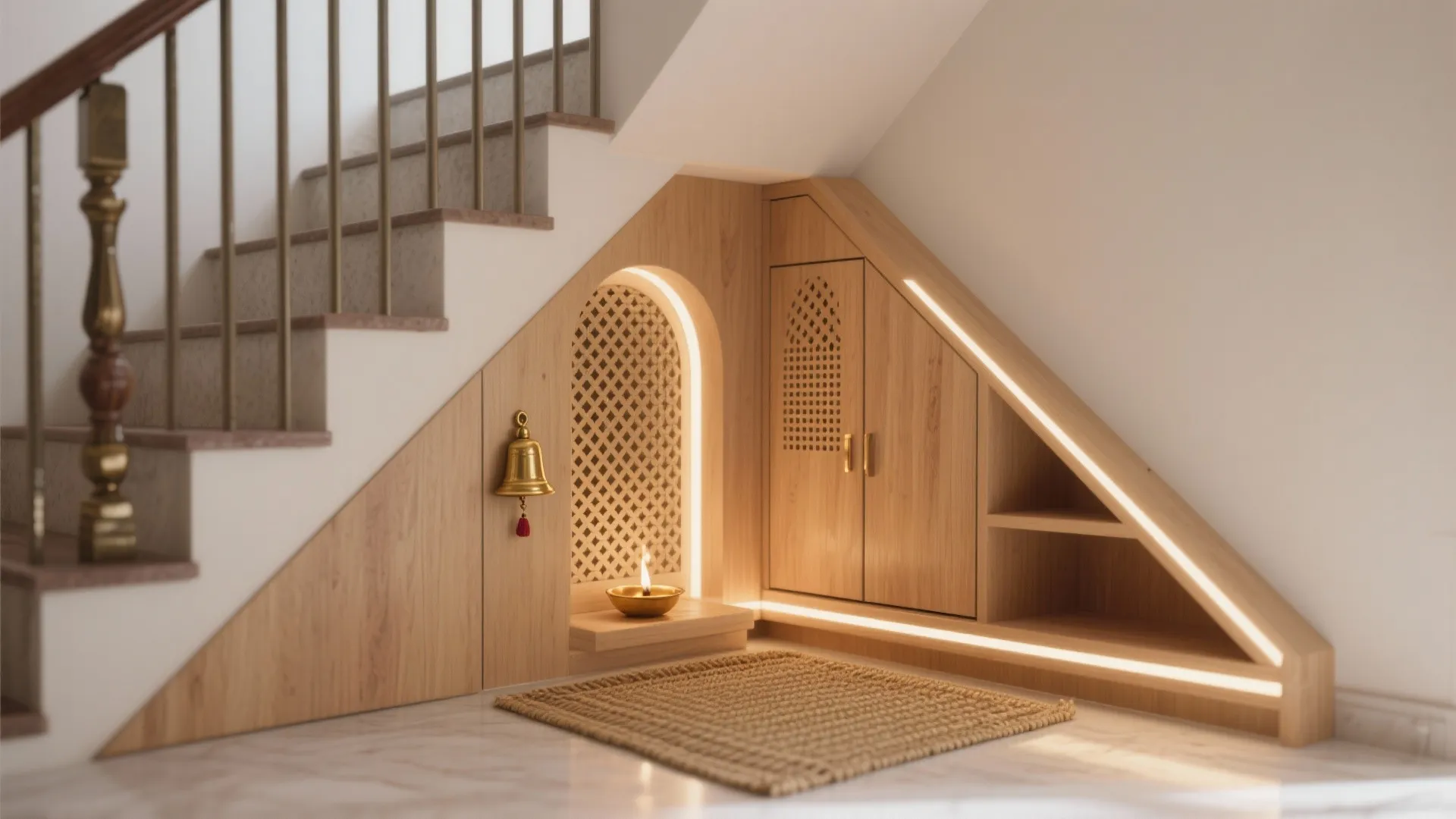 Under-Stair Pooja Corner with Ventilated Jali