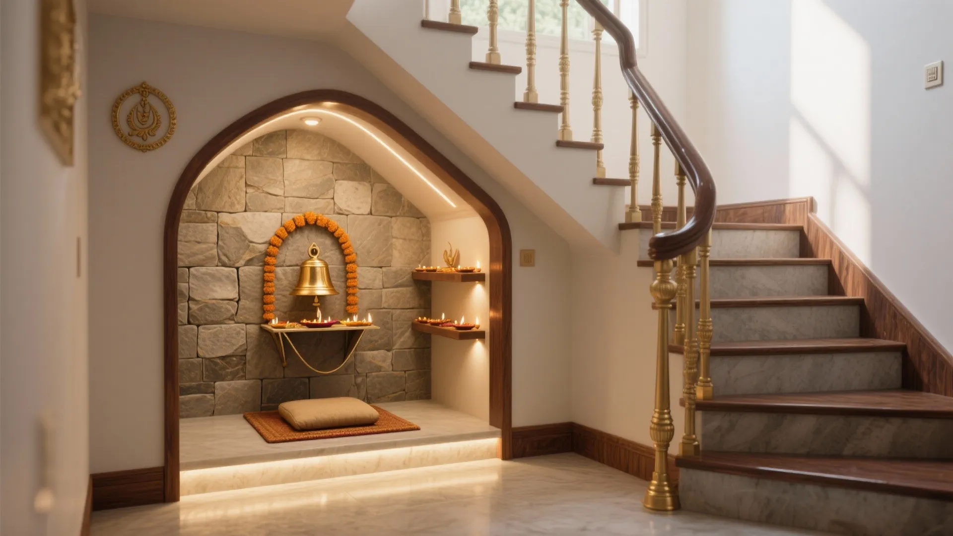 Small prayer space under staircase with stone wall hanging bell floor cushion and warm lighting