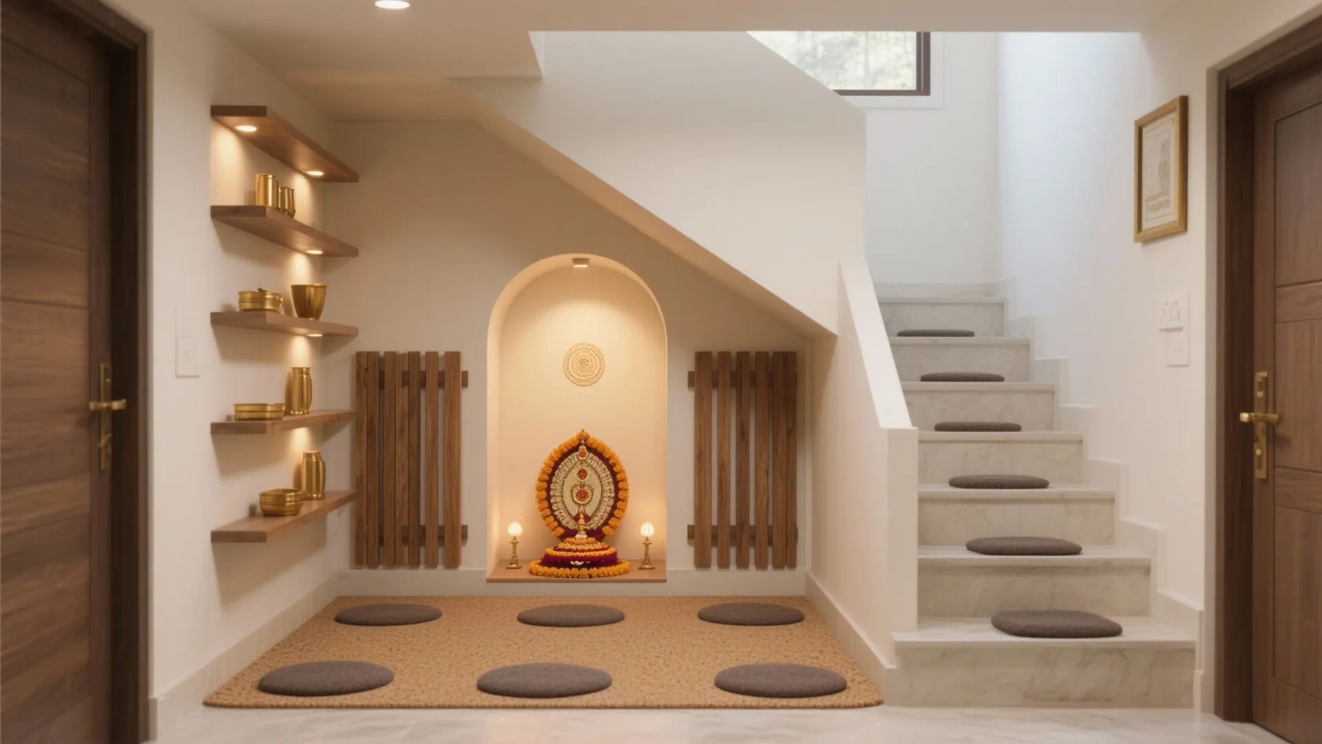 Under-Stair Pooja Nook with Sliding Panels