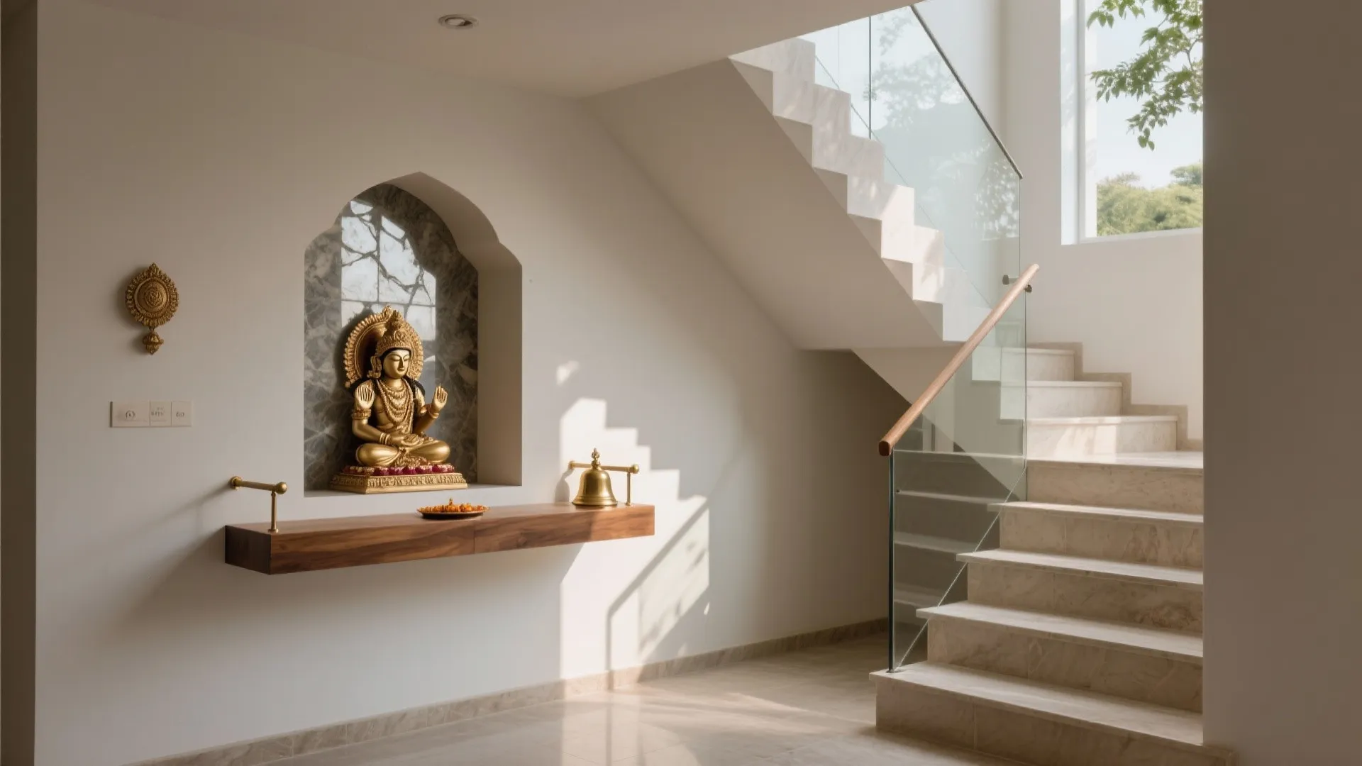 Modern home prayer room under stairs with golden statue wooden shelf marble walls and glass railing