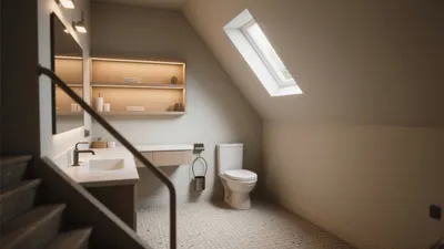 Cozy Attic Bathroom Design with Skylight & Warm Wood Accents