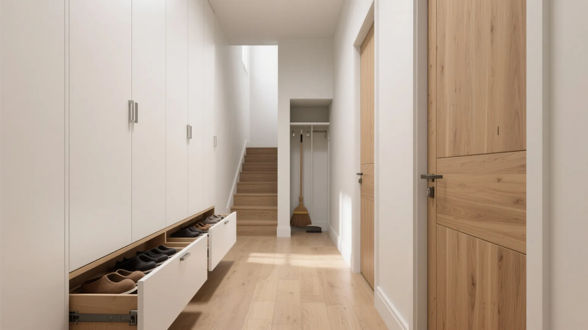 Under-stair storage wall with concealed doors