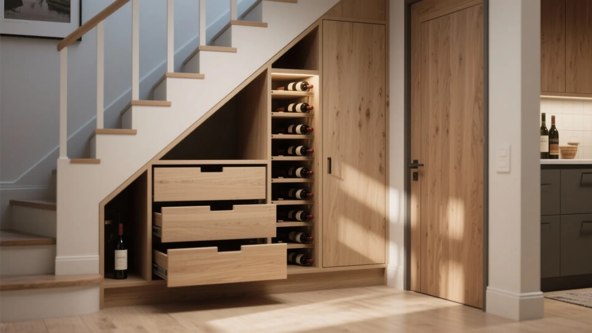 Modern wooden cabinet under stairs featuring wine bottle rack three open drawers and large door