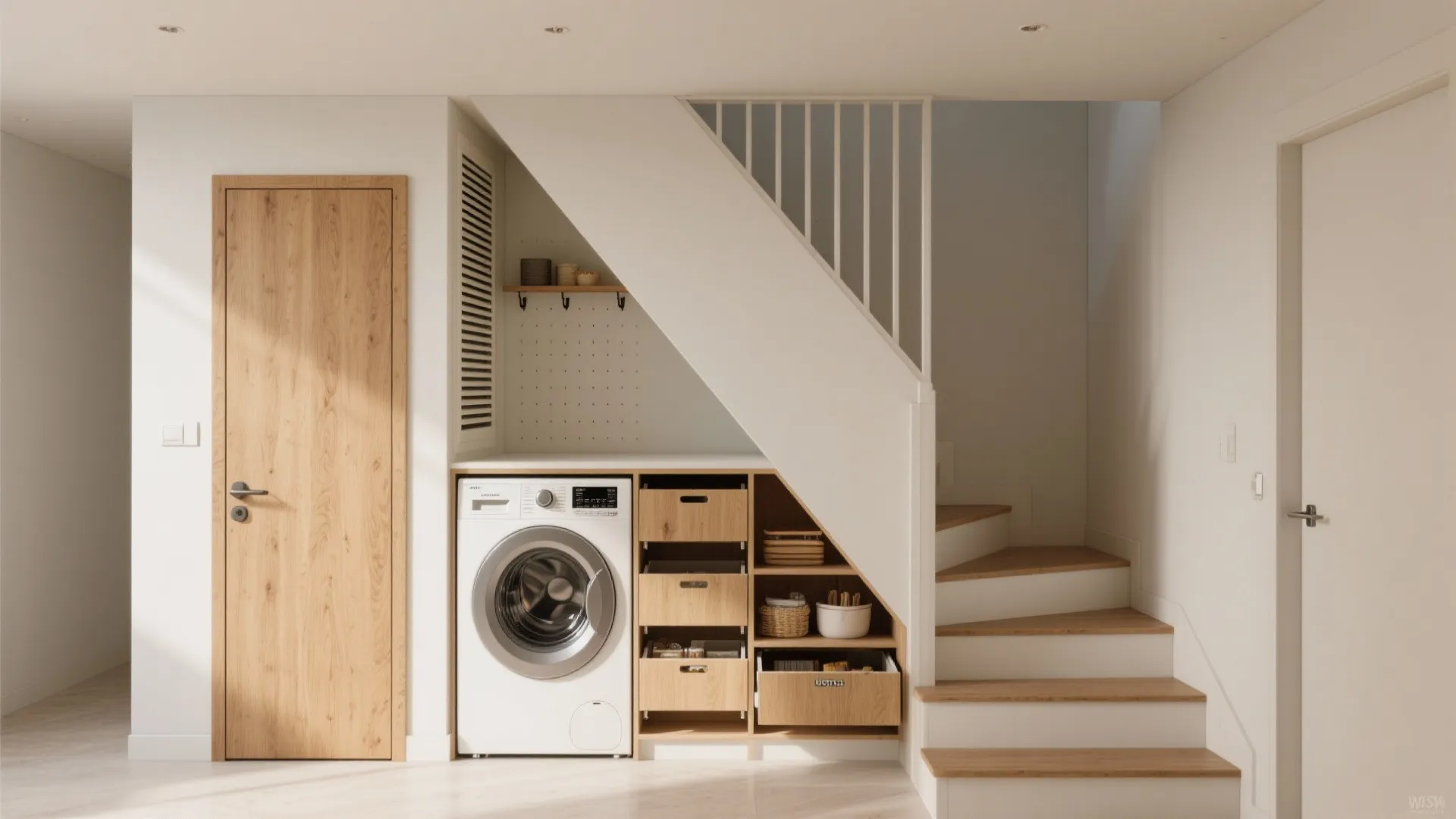 Laundry area under stairs featuring a washing machine wood storage drawers and white wall design