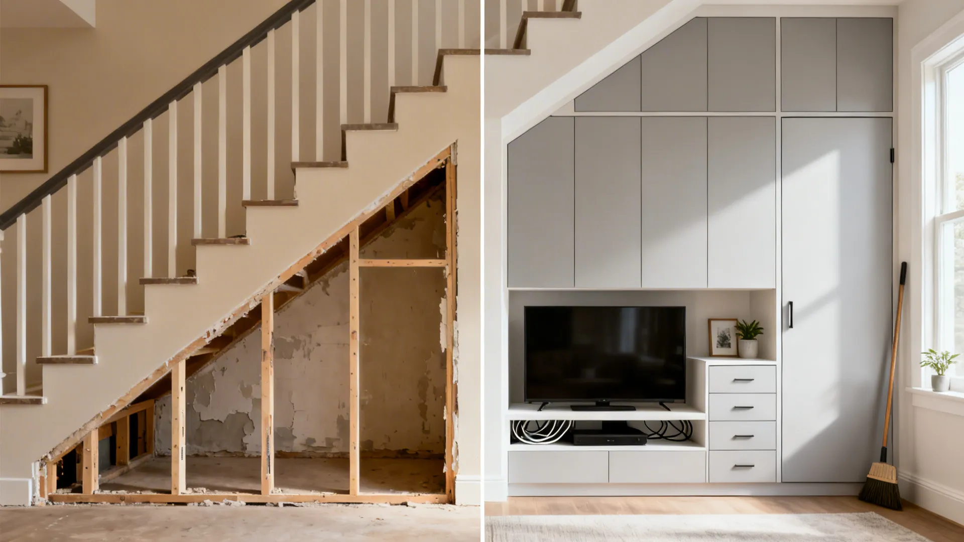 Under-stair living room storage with matte push-to-open cabinets and an integrated TV console