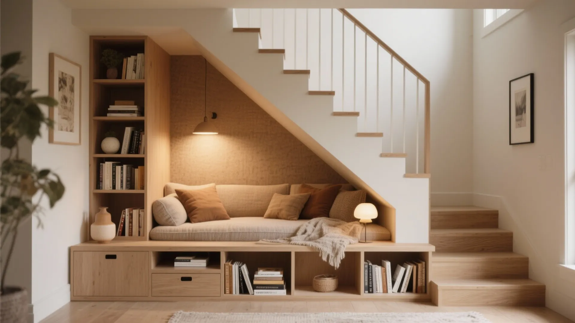 Cozy reading nook under wooden stairs with small sofa bookshelf wall light and warm atmosphere