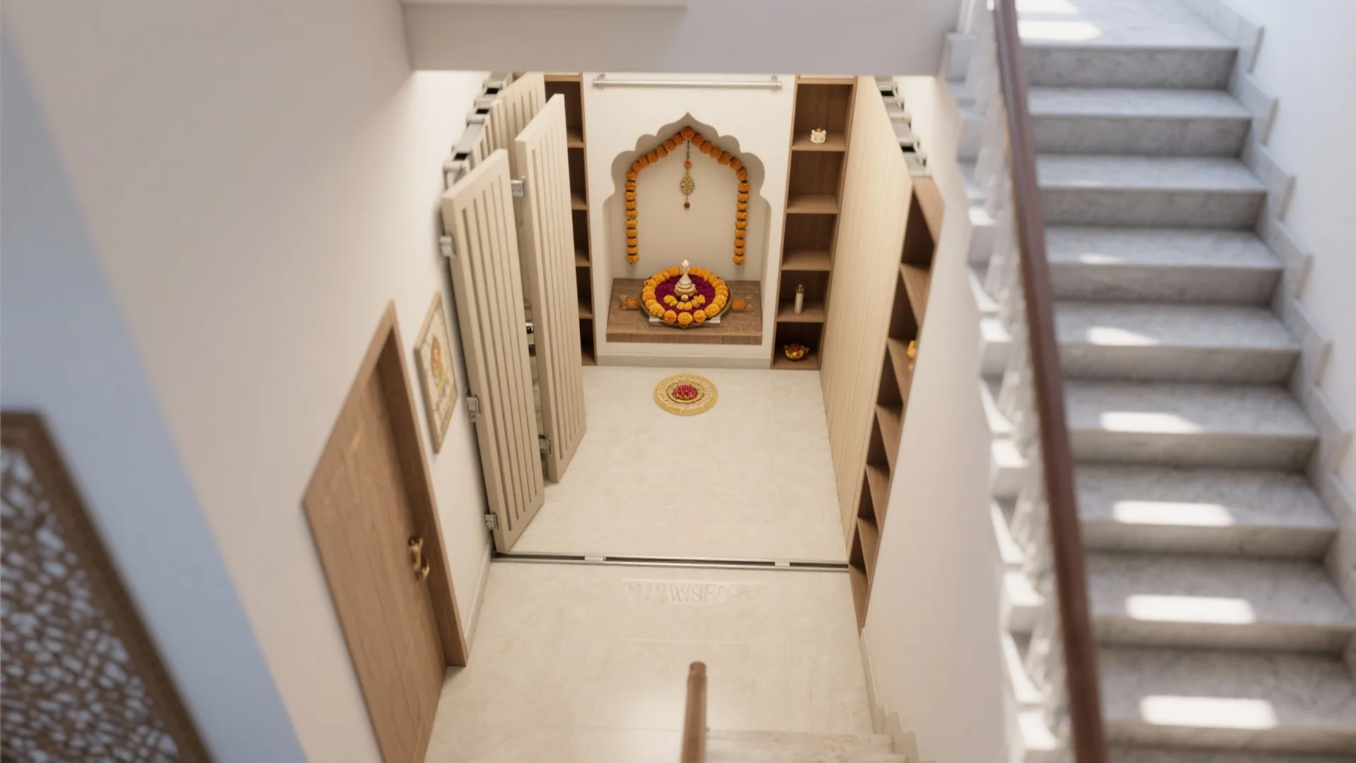Under-Stair Pooja Nook with Sliding Panels