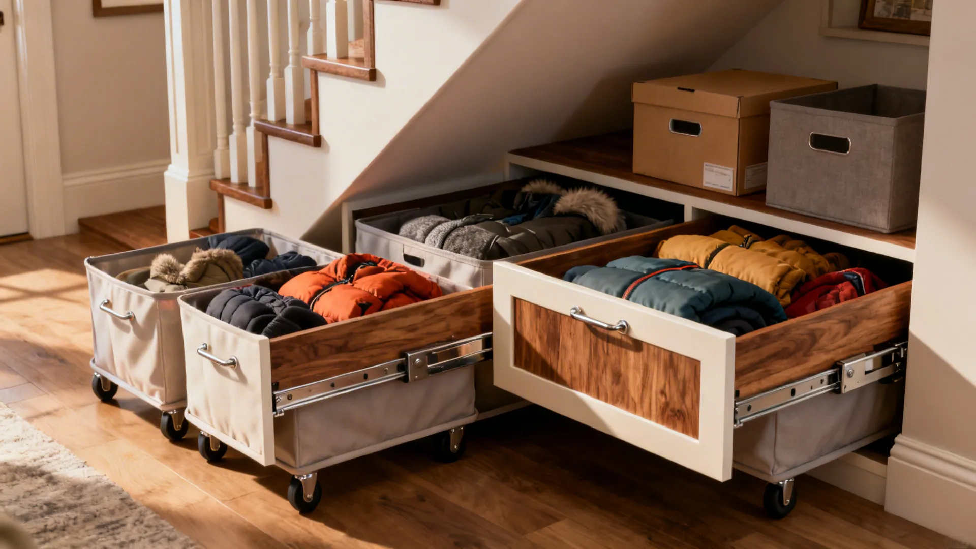 Under-stair deep drawers and rolling under-bed bins organized with winter gear and boxes.