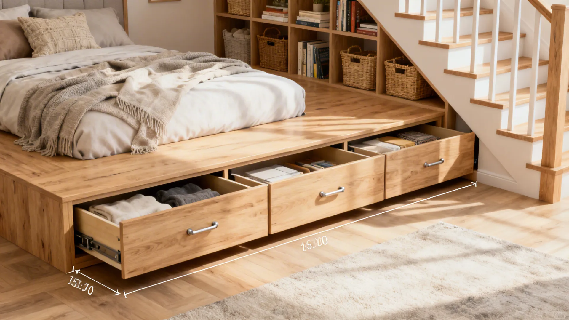 Under-stair shelves and under-bed modular drawers converting dead space into storage