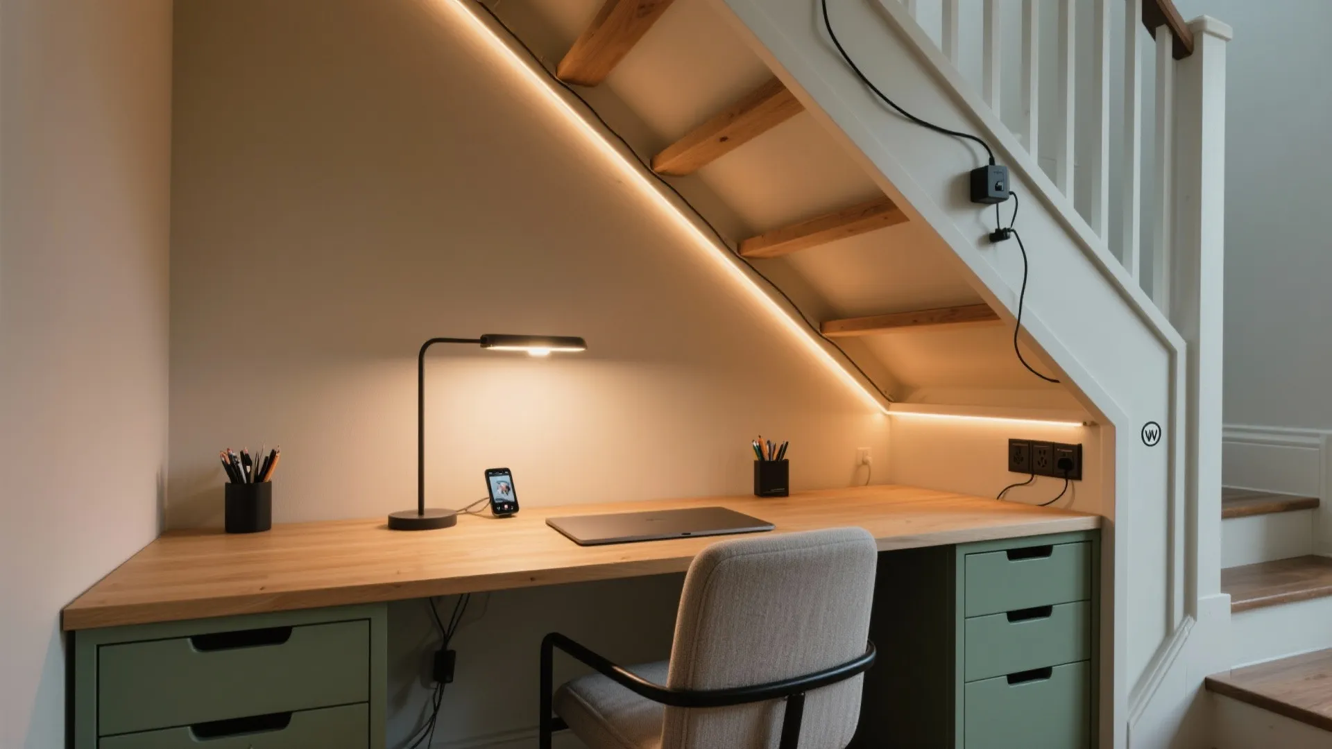 Modern home office desk built under stairs with wood surface green cabinets and a chair