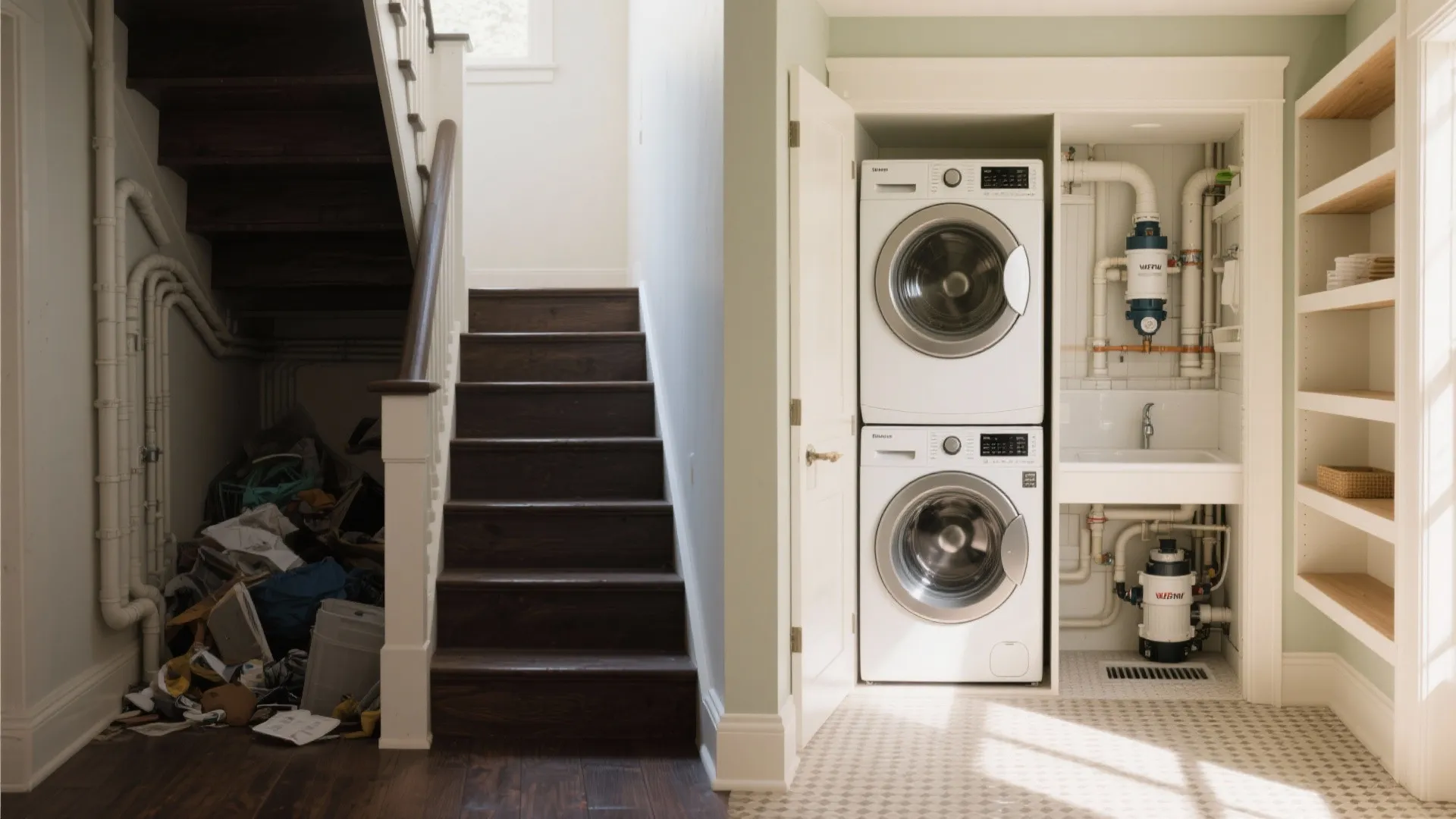 Stacked washer and dryer unit installed under wooden stairs next to a small white sink