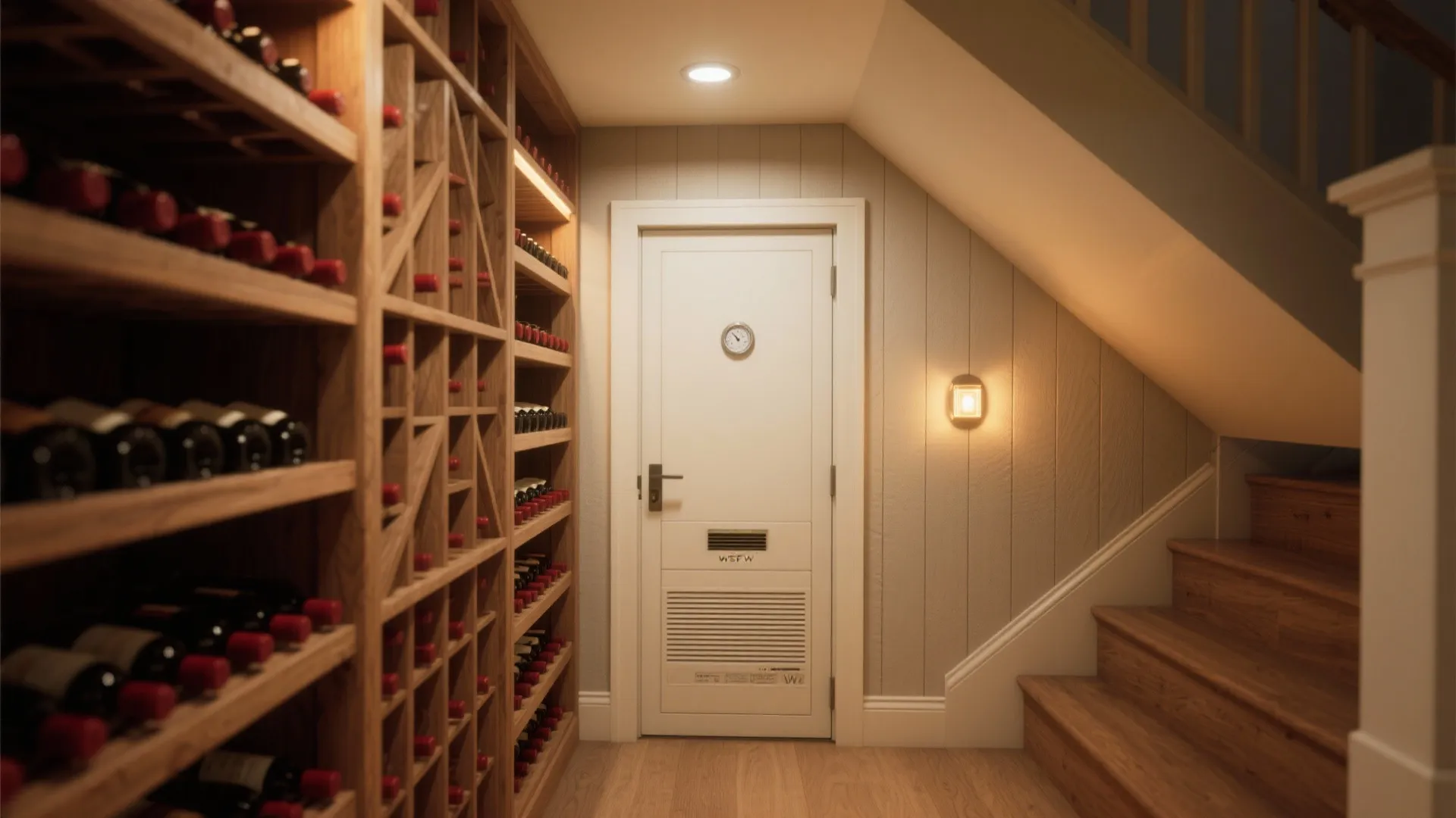 Under-stairs climate-controlled wine closet with insulated panels and visible hygrometer.