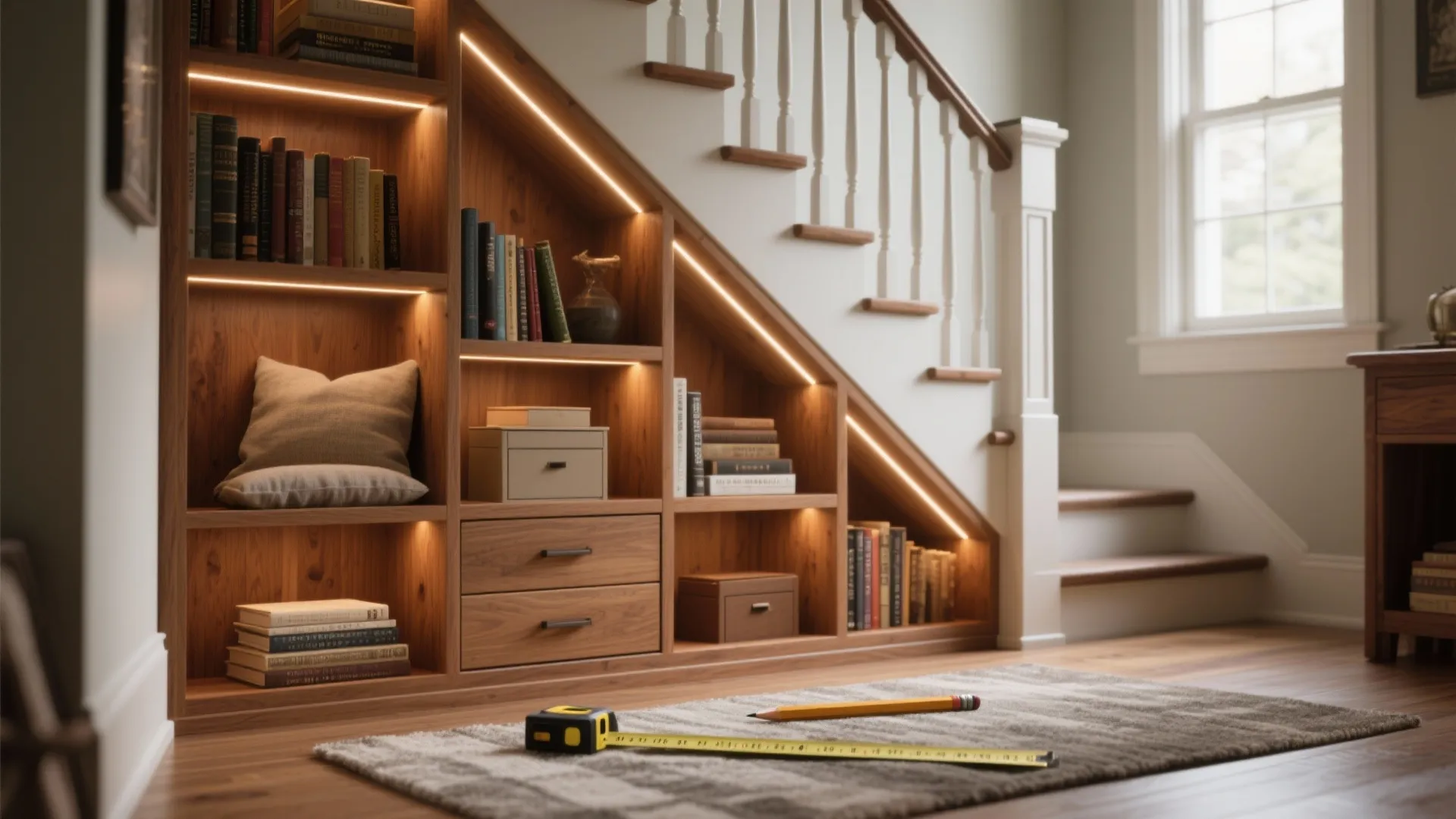Custom under-stair built-in book storage with warm LED lighting and mixed open cubbies and drawers.