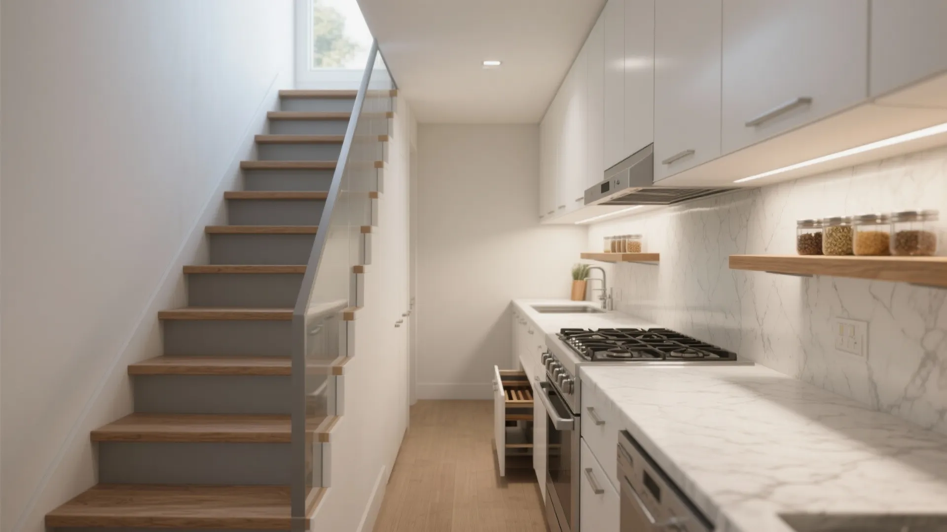 Under-stairs Galley Kitchen, Bright and Efficient