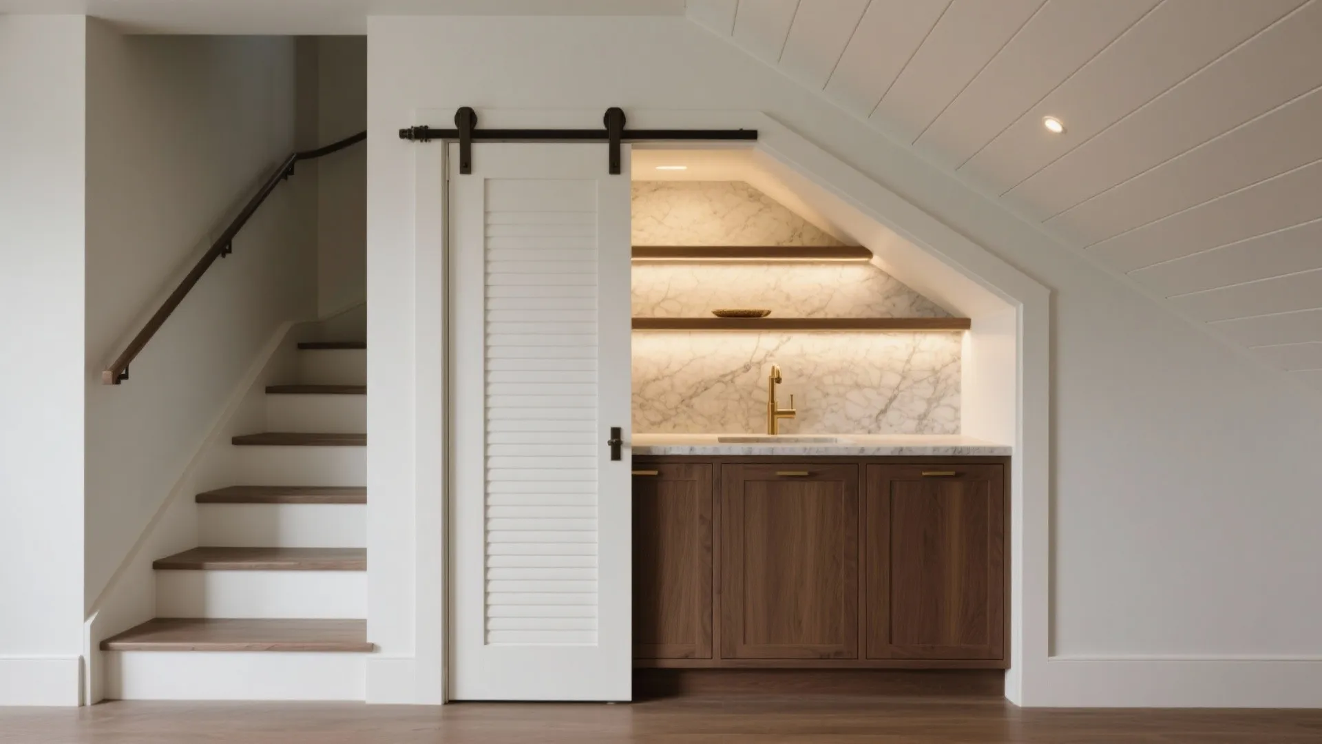 Modern wet bar built under white stairs featuring wood cabinets marble backsplash and sliding door
