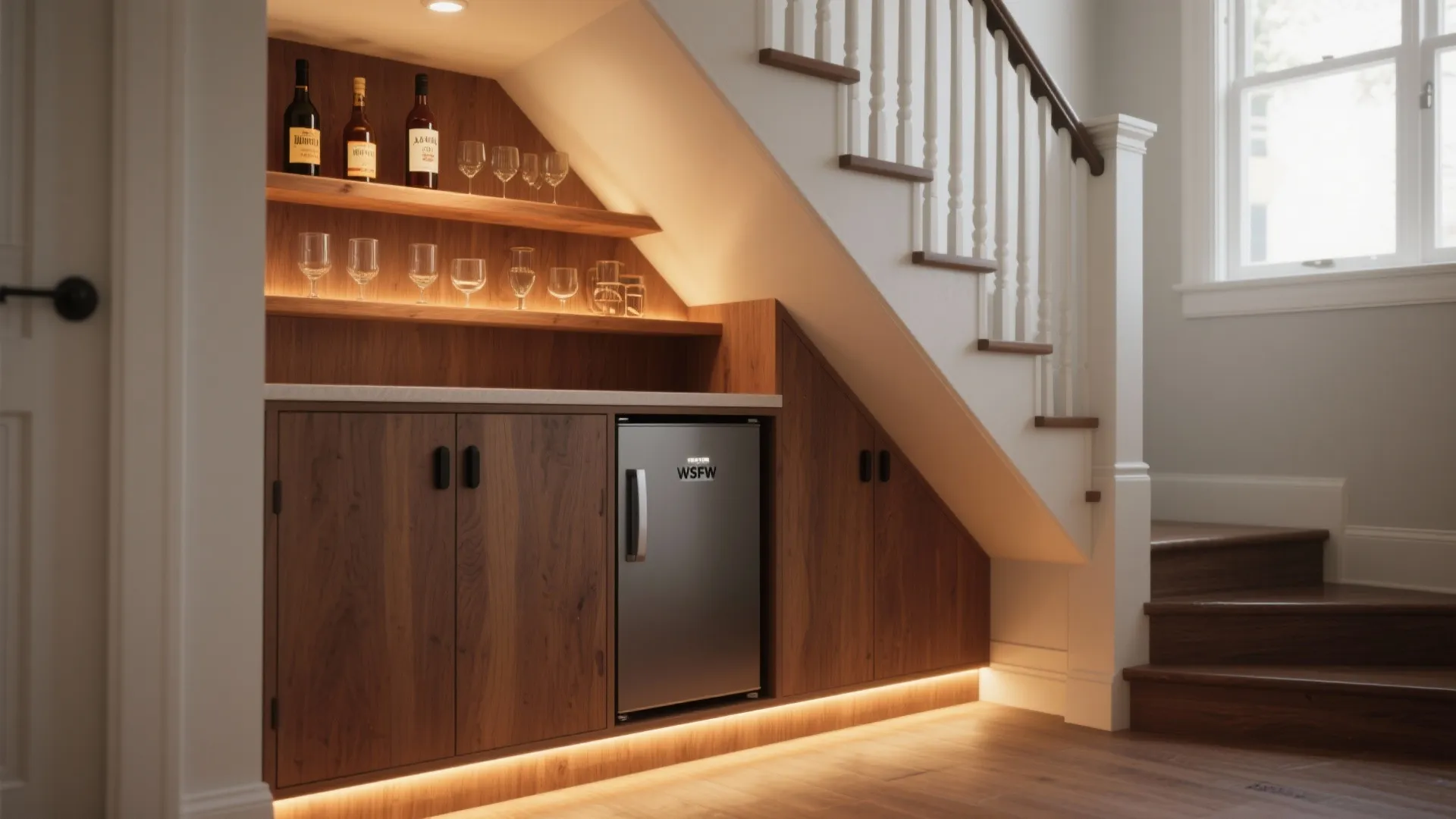 Custom home bar built under stairs with wood cabinets small fridge wine shelves and warm lighting