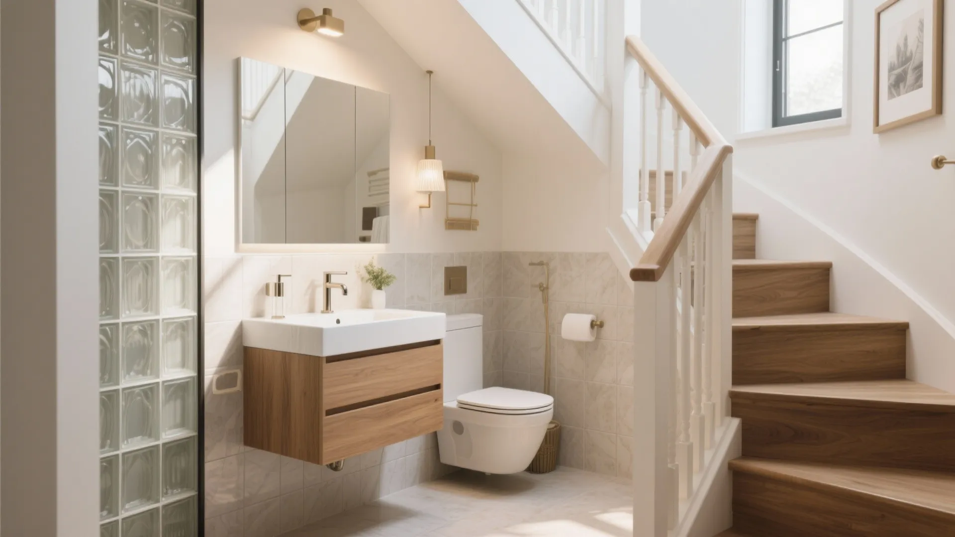 Small bathroom built under wooden stairs featuring floating wood cabinet white sink and wall toilet