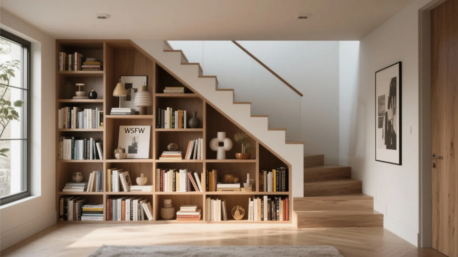 Custom under-stairs built-in bookcase with warm wooden finish