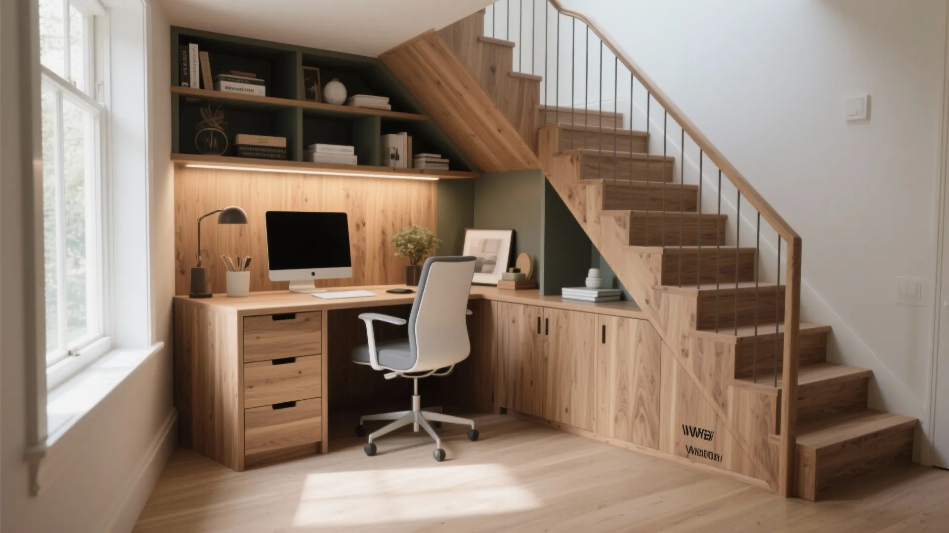 Clever home office built under wooden stairs with integrated desk storage cabinets computer and white chair