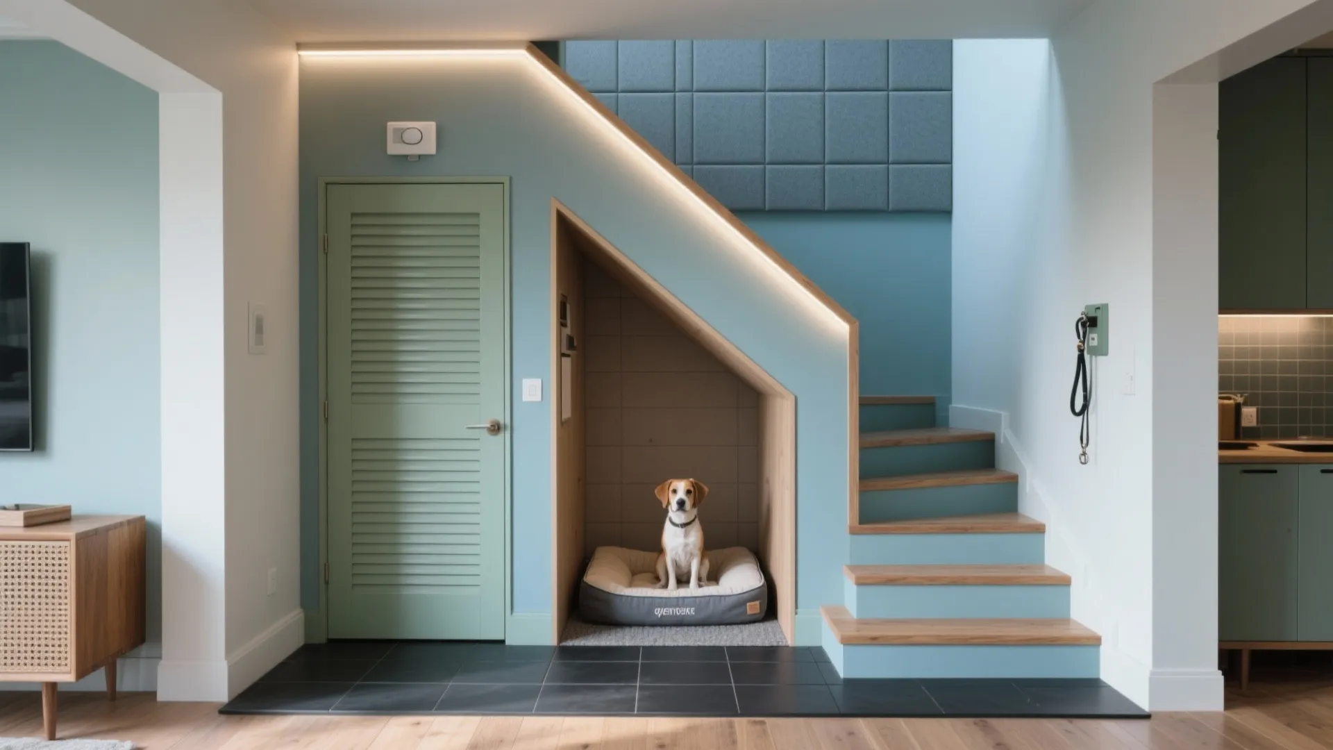 Modern blue interior design showing a small dog house built into space under the stairs