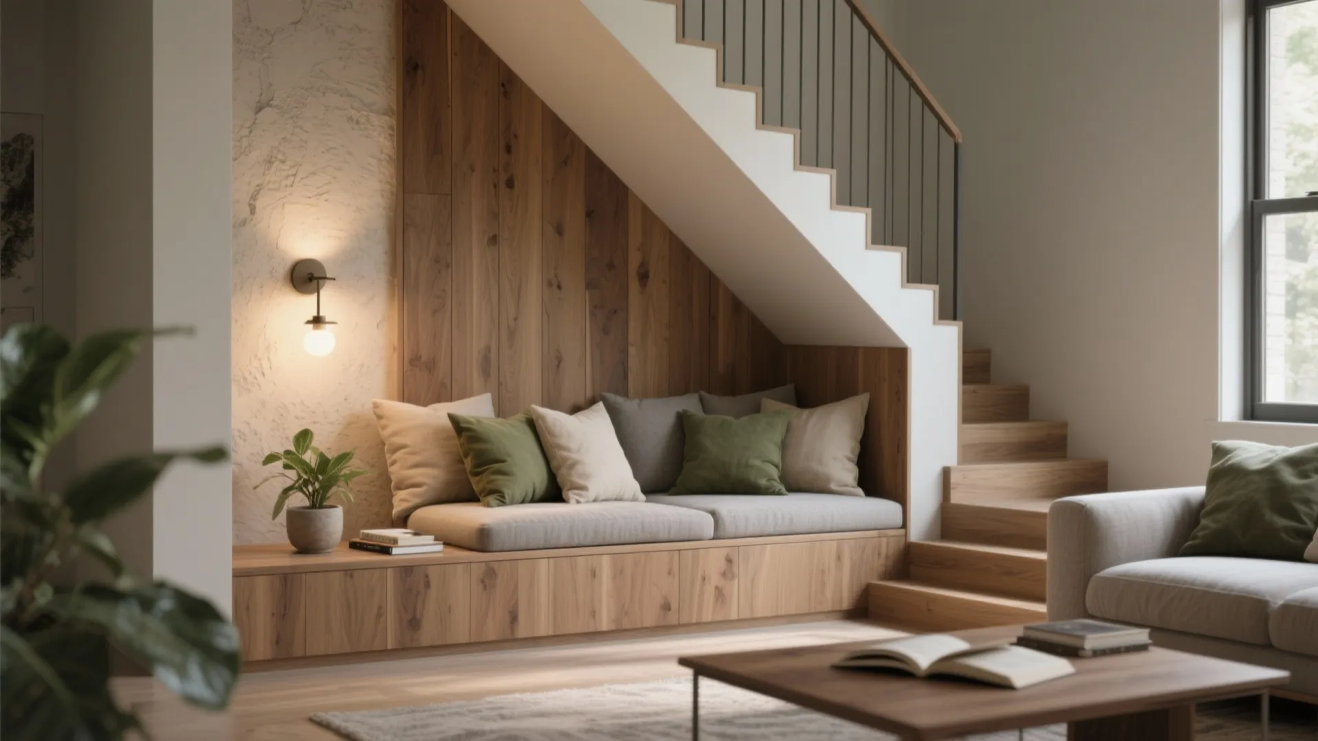 Wooden bench with pillows under stairs featuring wood wall panel and a modern wall light