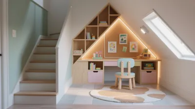Under-Stairs Kids Study Nook with Angled Shelving