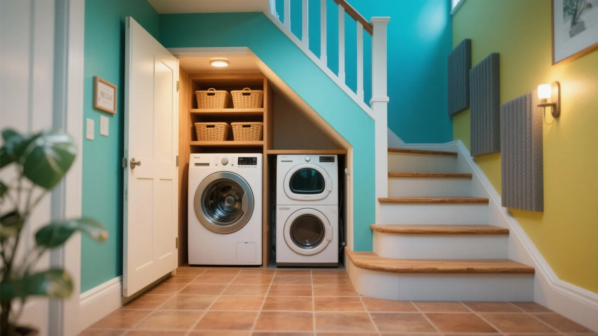 Small laundry area built under wooden stairs with white machines and storage baskets on shelves