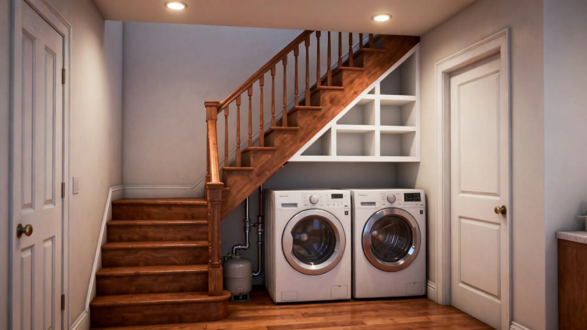 Under-stairs laundry nook with a stackable washer dryer and built-in shelving.