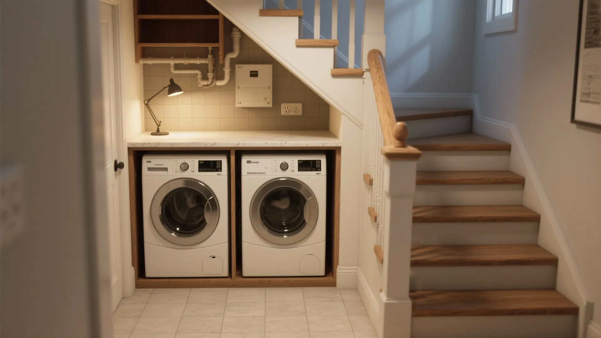 Two washing machines placed under a staircase with a small desk lamp and wooden steps
