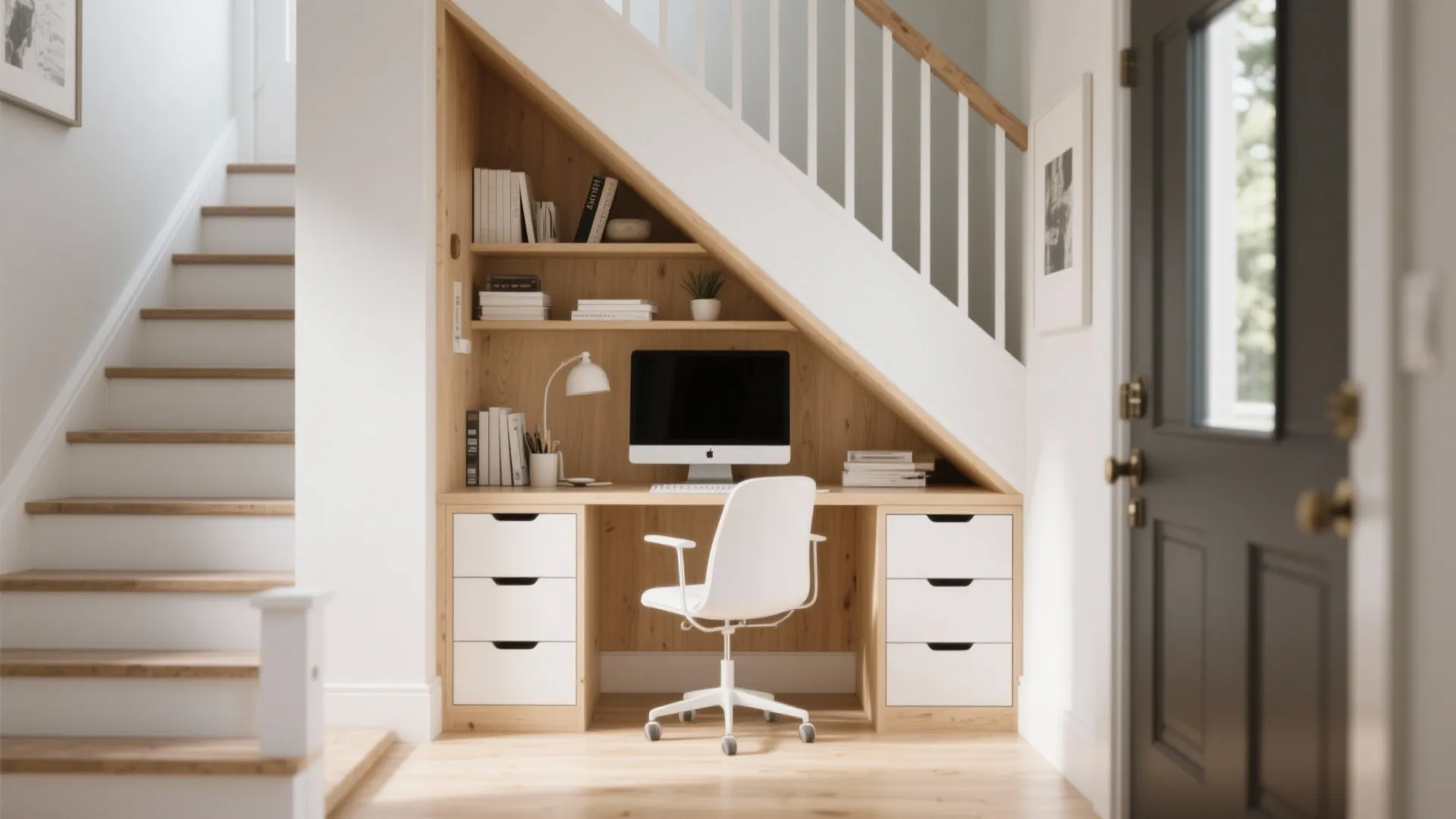 Small home office built under a white staircase with wooden desk shelves and a white chair