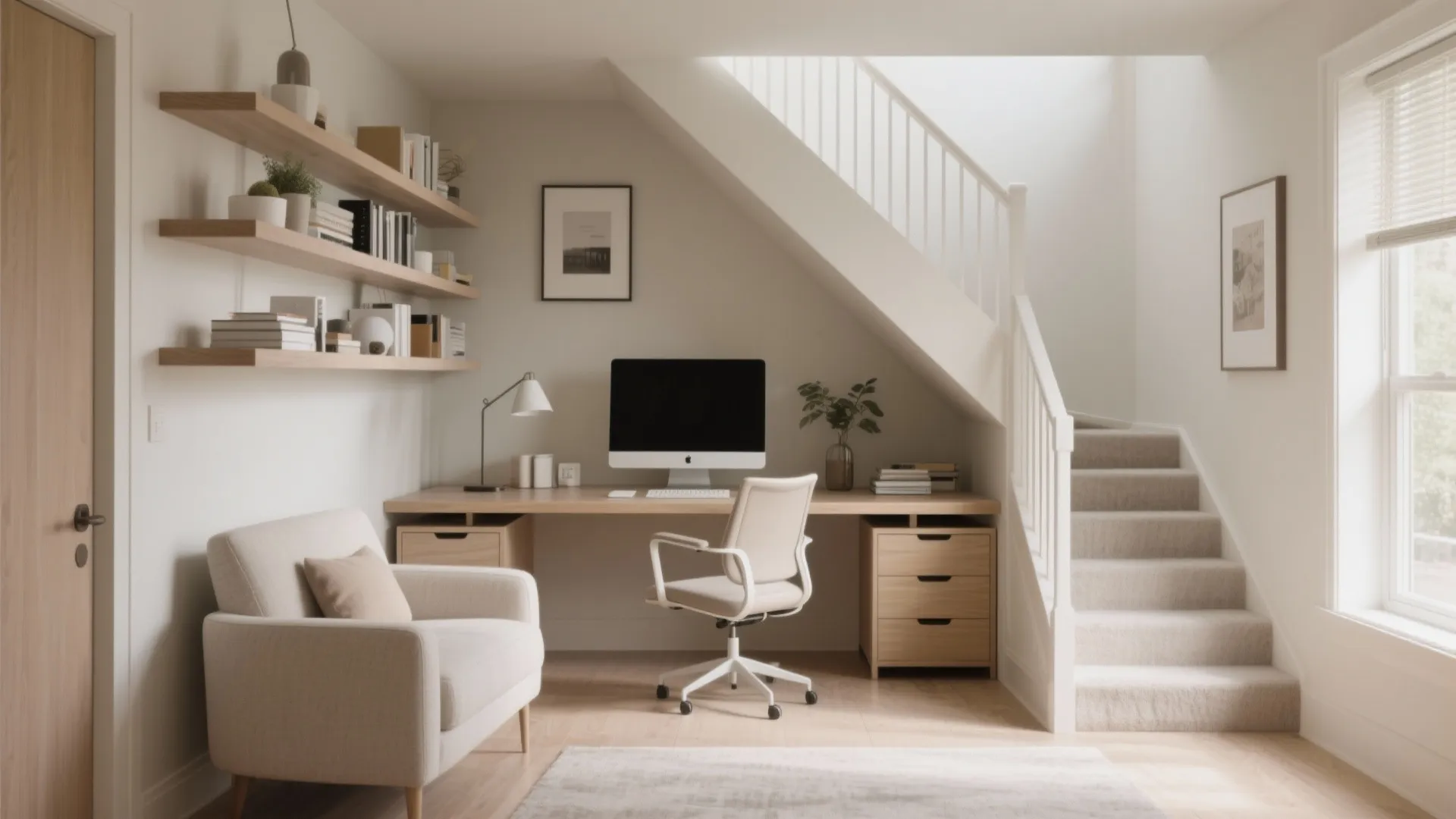 Modern home office under white stairs with long wooden desk computer white chair and armchair