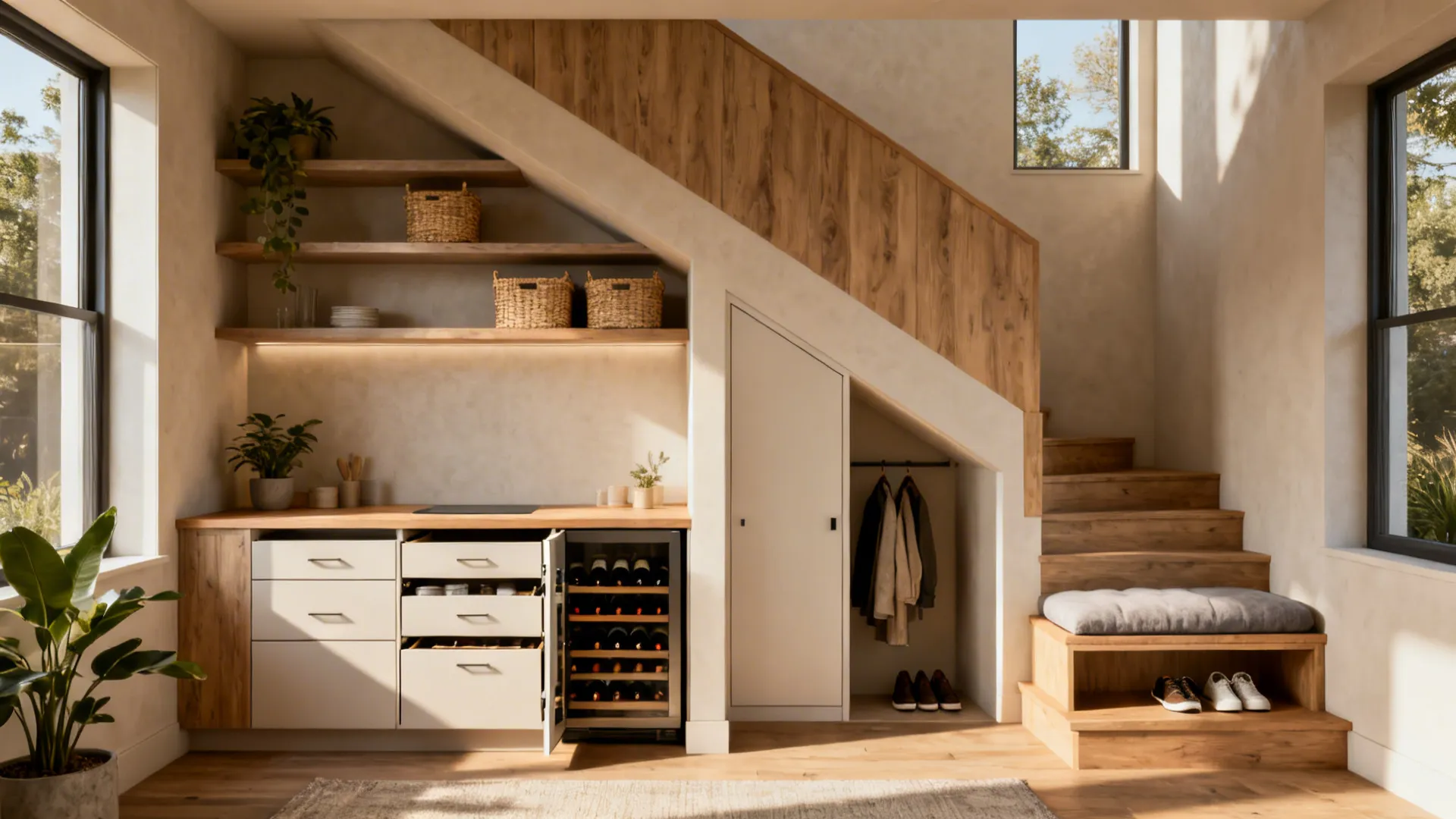 Modern interior design showing under stairs storage with kitchen cabinets wine fridge and shoe bench