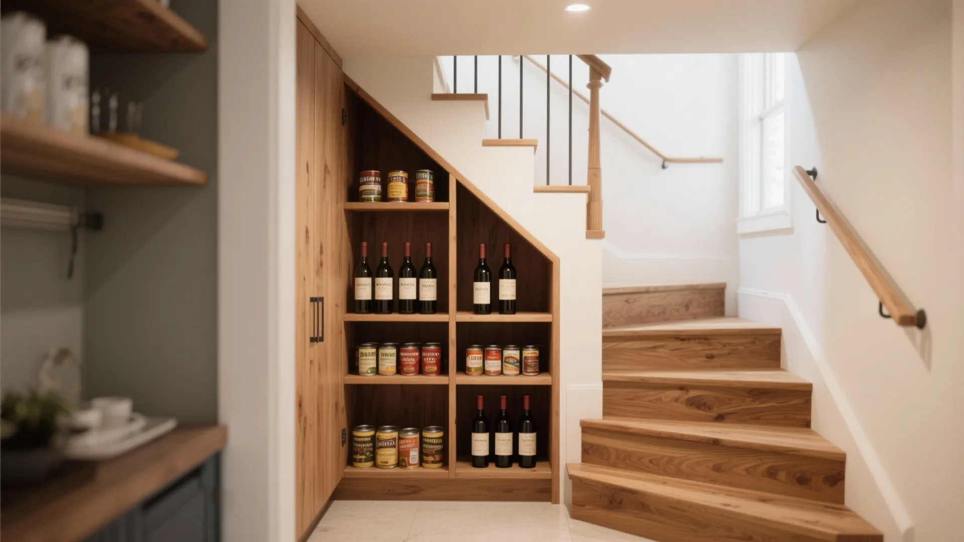 Wooden wine and food storage cabinet built under a staircase next to wooden steps indoors