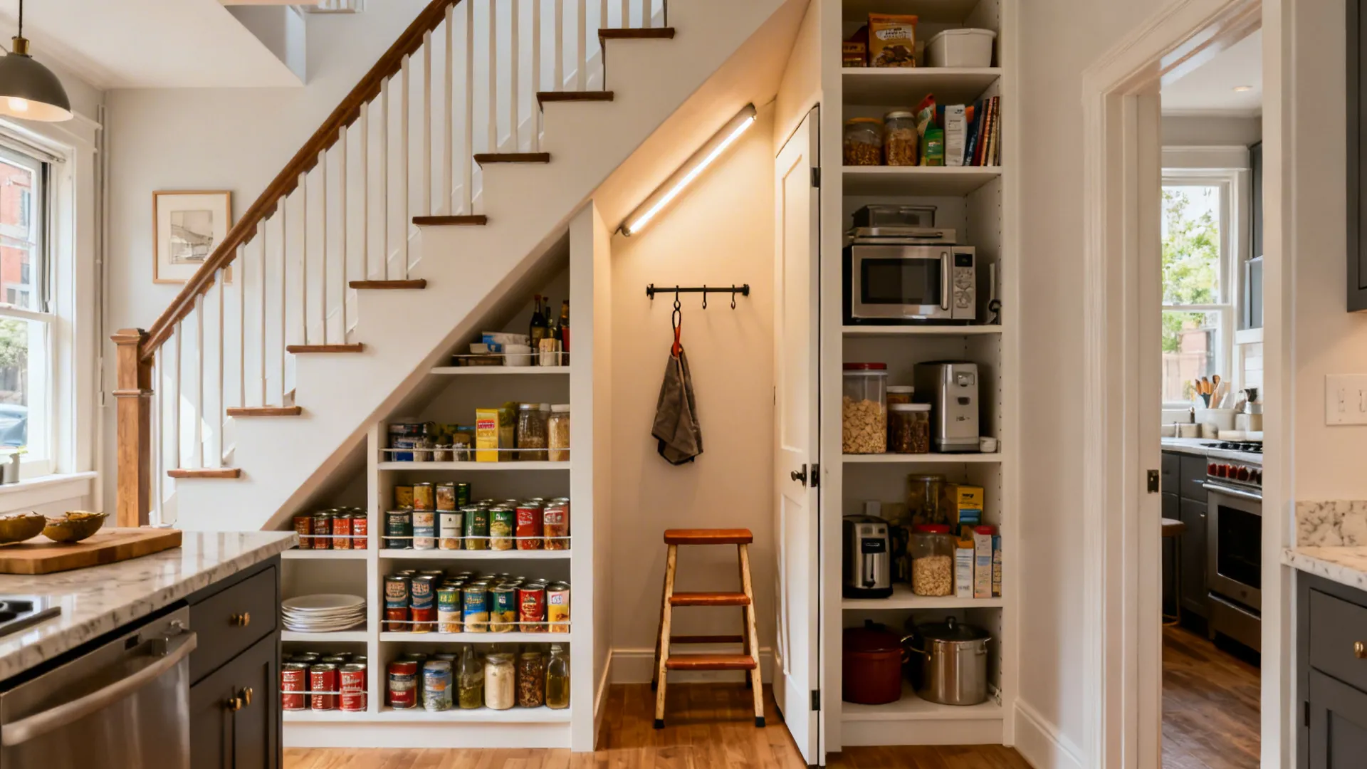 Modern kitchen pantry built under white wooden stairs featuring many shelves filled with various cans