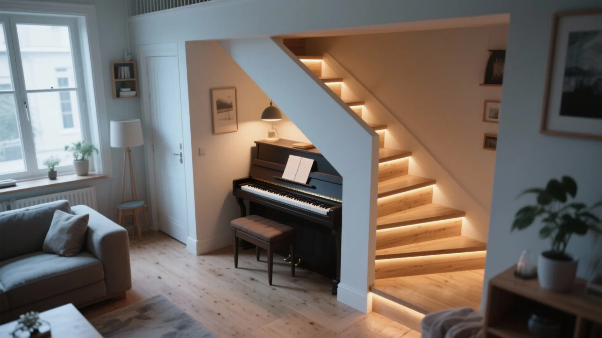 Black upright piano tucked under wooden stairs with warm lights and grey sofa in living room