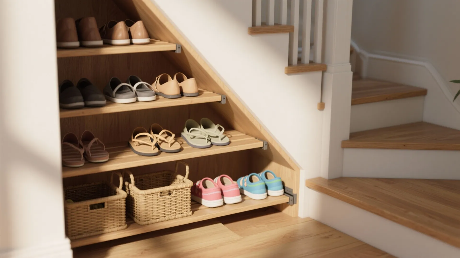 Built-in wooden shoe rack under stairs with several pairs of shoes and small storage baskets