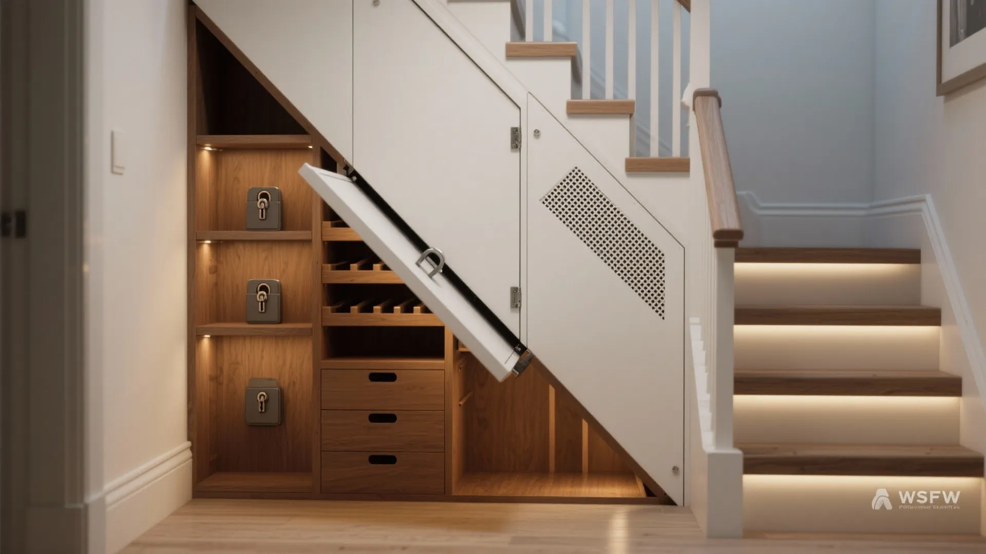 Custom white storage cabinet built under wooden stairs with shelves and a pull out drawer