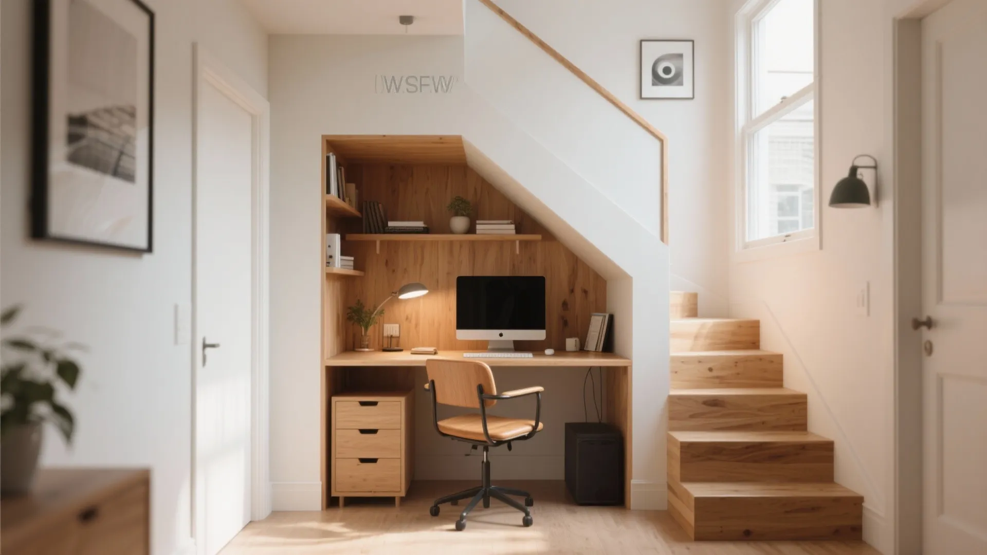 Compact home office workspace built under a wooden staircase with desk chair shelves and monitor